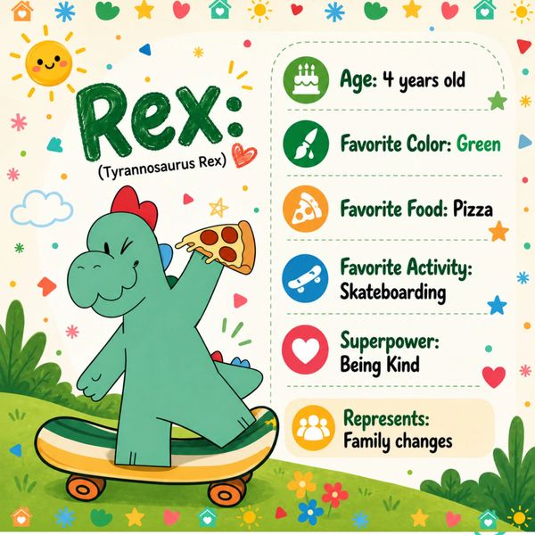 Rex the dinosaur loves pizza, skateboarding, and kindness.