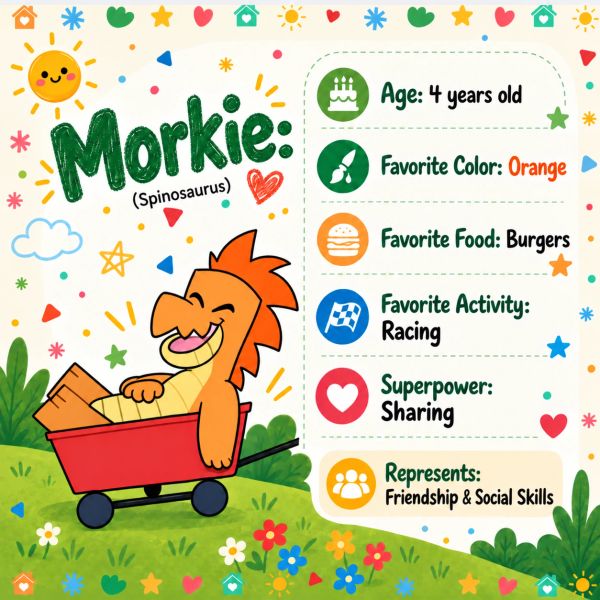 Morkie the Spinosaurus loves racing and sharing.