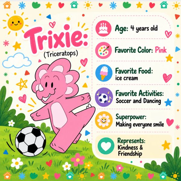 Trixie the pink Triceratops loves soccer and dancing.