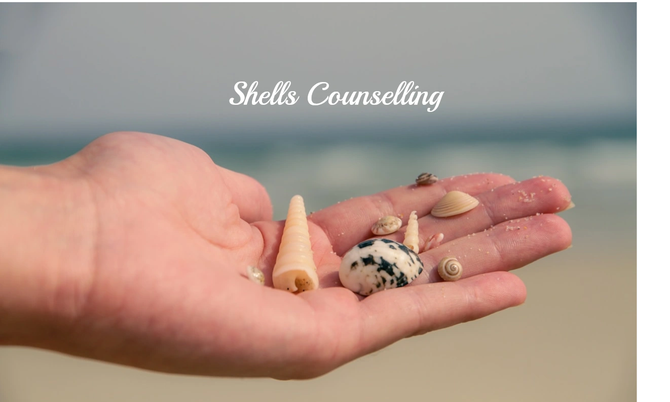 A female left hand holding various small shells with the words Shells Counselling above the image.