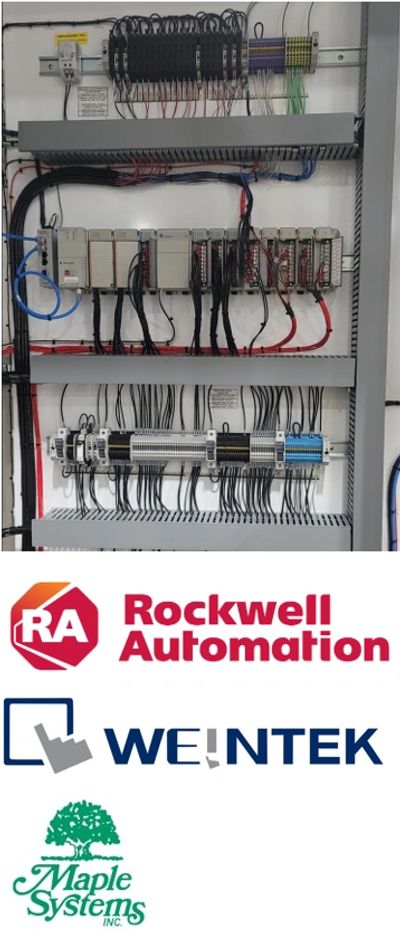 Industrial control panel with Rockwell Automation, Weintek, and Maple Systems logos.