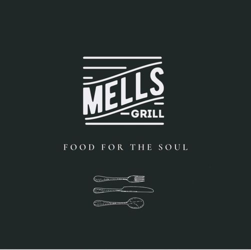 Mells Grill logo with the tagline 'Food for the Soul' and cutlery illustration.