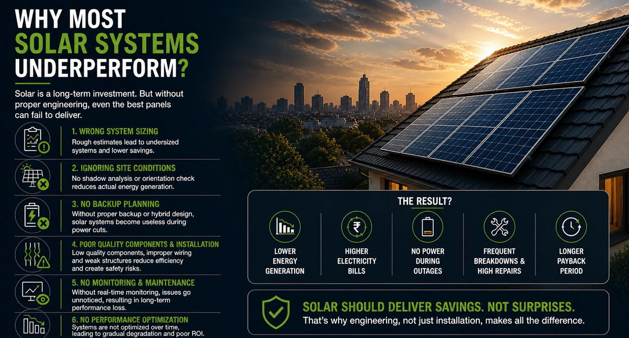 Common reasons solar systems underperform and how proper engineering improves savings.