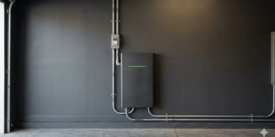 A sleek black electrical panel mounted on a dark gray wall with conduit pipes.