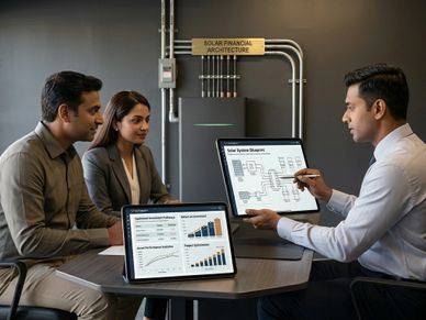 VoltEquity Renewable professionals discuss a solar system blueprint and investment analytics in a modern office.