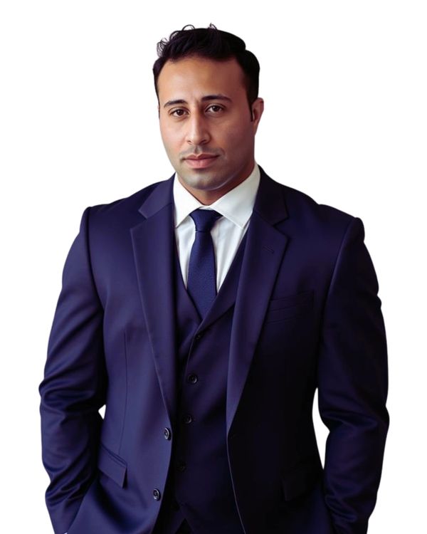 Man in a sharp navy blue suit with a white shirt and tie.