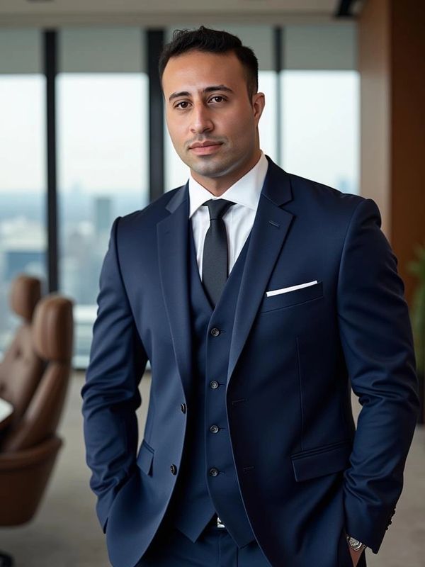 Confident man in a navy blue suit standing in a modern office.