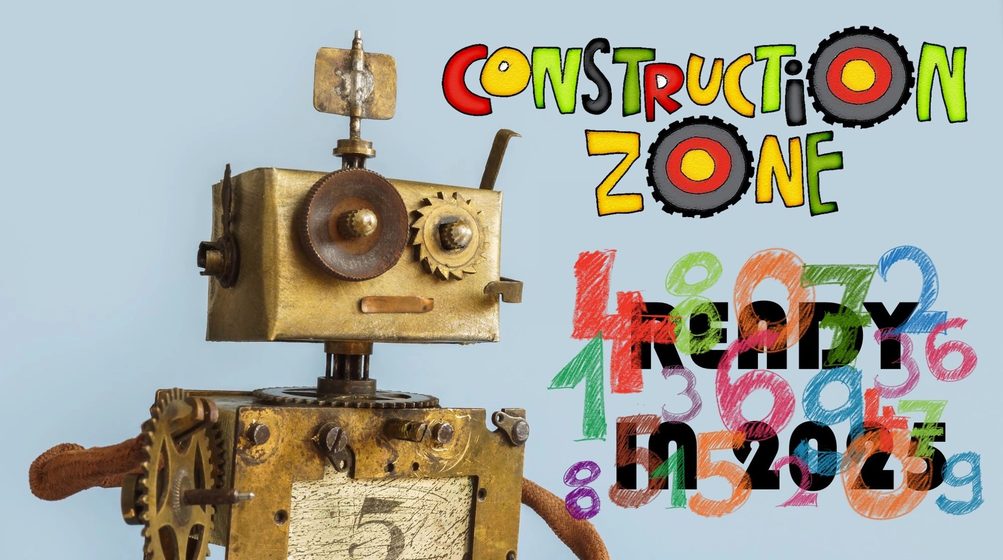 A vintage robot with gears and colorful construction zone text.