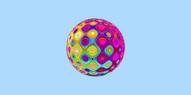A graphic with a pale blue background with a multicoloured orb in the centre