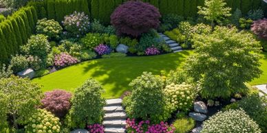 Lush softscaping design in Surrey with diverse shrubs, trees, and colorful garden beds.