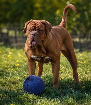 Dogue de Bordeaux standing with a ball at Argyle Bordeaux