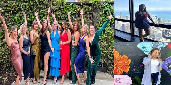 A group of women celebrating outdoors and two women posing in urban settings.