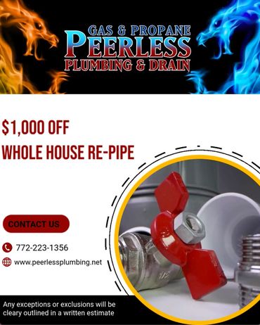 Peerless Plumbing offers $1,000 off whole house re-pipe services.