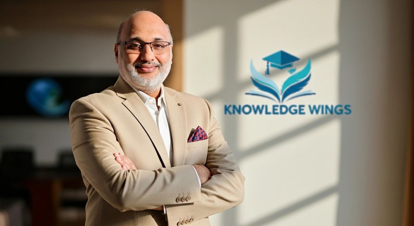 Confident man in beige suit standing with arms crossed beside 'Knowledge Wings' logo.