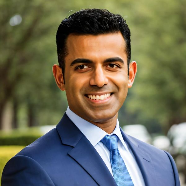 Confident man in a blue suit smiling outdoors.