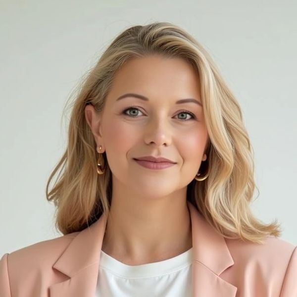 Confident blonde woman with light makeup wearing a peach blazer and hoop earrings.
