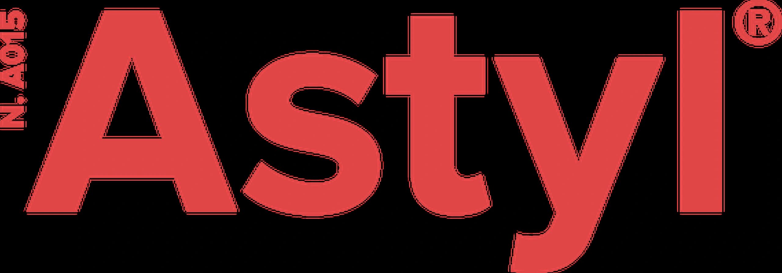 ASTYL logo in red on black background.