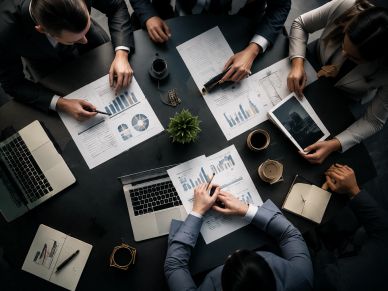 Reunión de trabajo con gráficos y laptops.