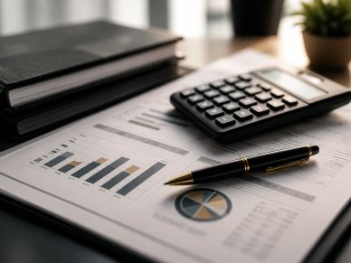 Gráficos, calculadora y bolígrafo sobre documentos financieros.