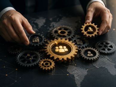Engranajes metálicos con iconos humanos y de negocio conectados.