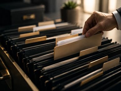 Mano sacando un archivo de un archivador.