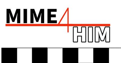 Logo with the text 'MIME4 HIM' in bold and outlined fonts with a red underline.