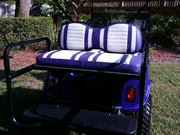 Blue and white golf cart seat