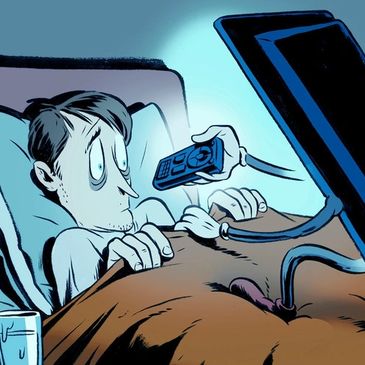 A drawing of a tv giving a man the remote control