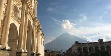 Antigua Guatemala, the Water Volcano and the old cathedral