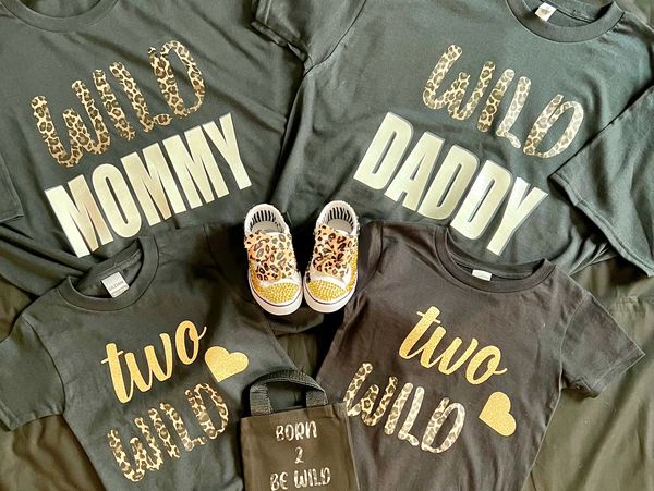 Custom "Wild" family coordinated ensemble in green and animal prints: t-shirts, shoes, hand bag.