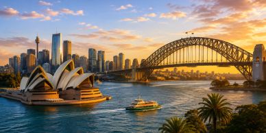 Sydney Opera House and Harbour Bridge at sunset.