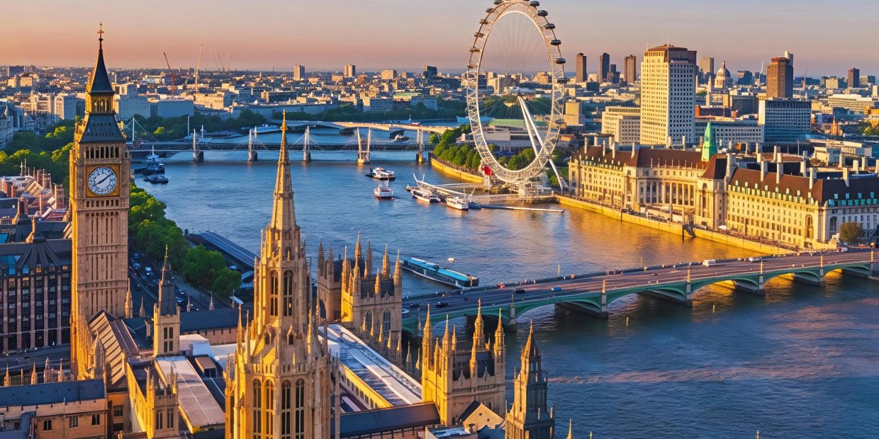 Cityscape of London with Big Ben and the London Eye.
