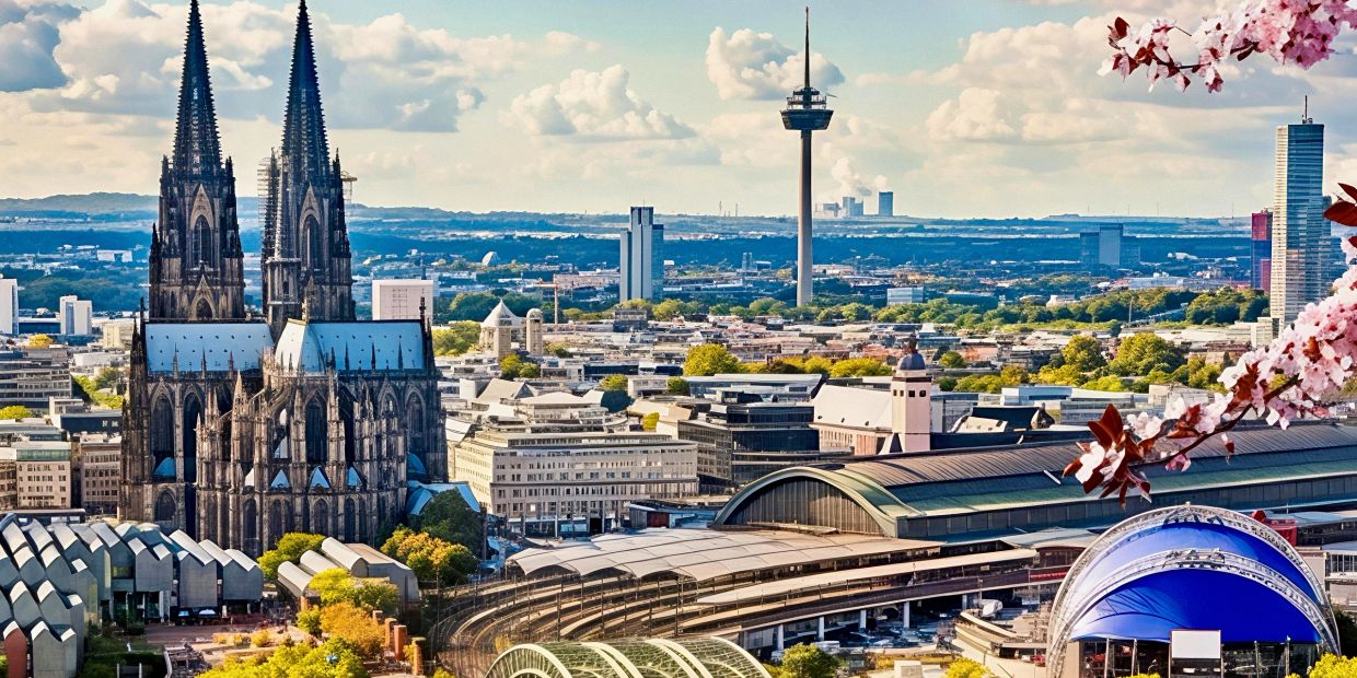 The Cologne Cathedral dominating the cityscape on a clear day.