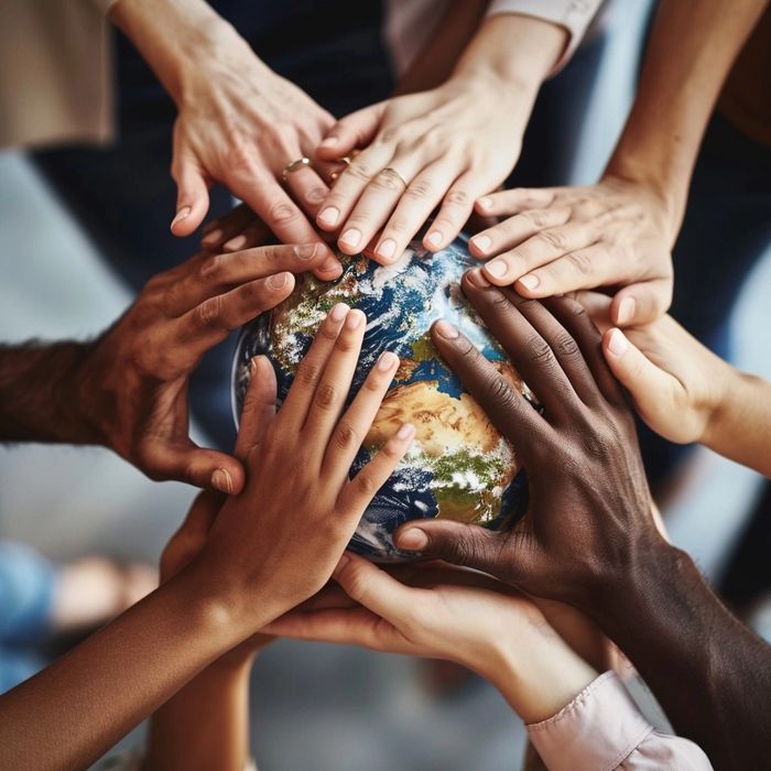 Hands reaching out to one another over a globe