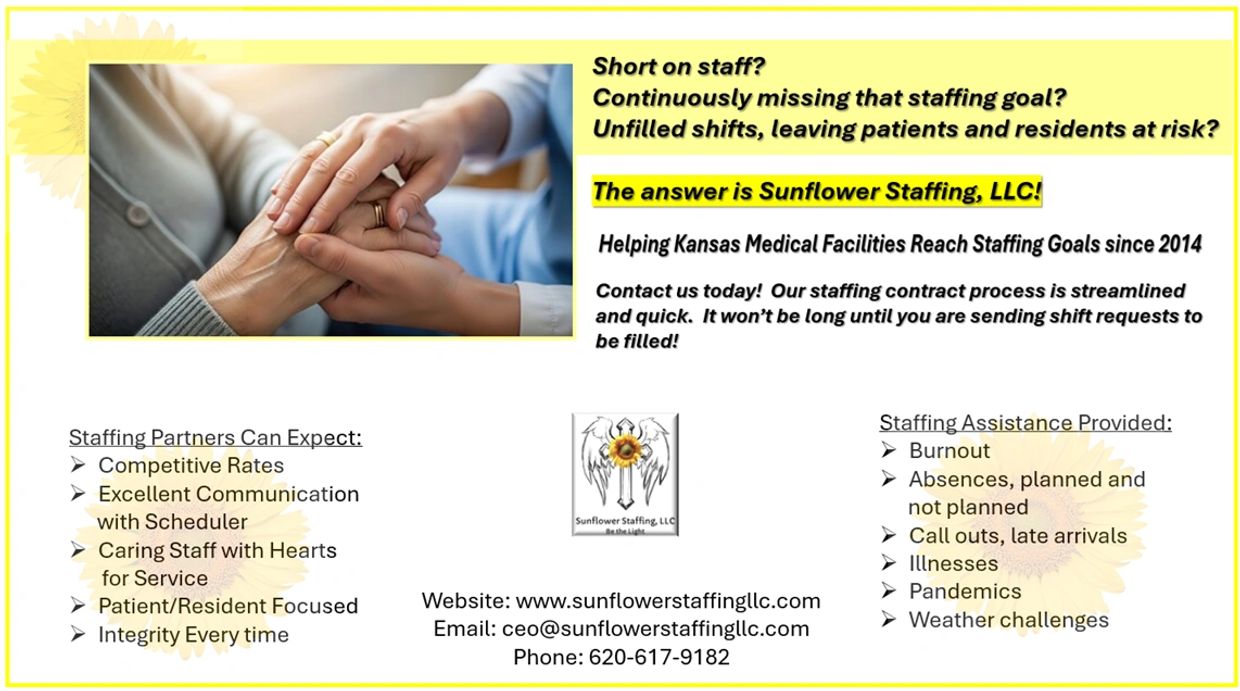 Sunflower Staffing LLC offers solutions for staffing shortages in Kansas medical facilities.