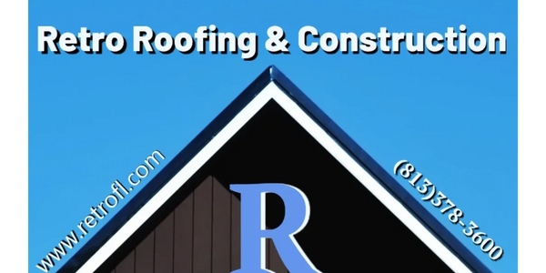 Retro Roofing & Construction logo floating over a rooftop with email and phone number.