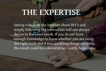 A person uses a hammer on wood, emphasizing the importance of expertise in DIY projects.