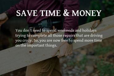 Man carrying a wooden plank with text about saving time and money.