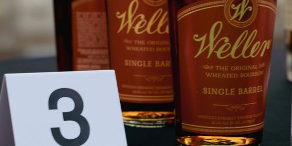 Bottles of Weller Single Barrel bourbon with a table number 3.