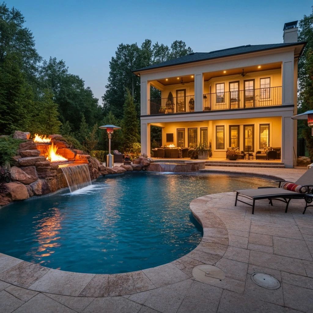 Elegant backyard with a pool, waterfall, fire features, and cozy seating area at dusk.