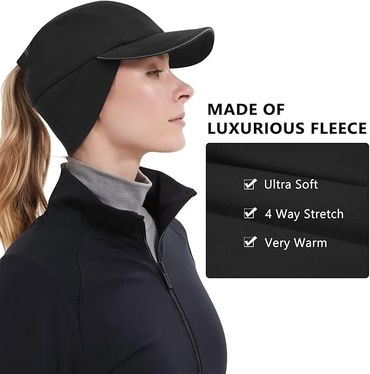 Women's Winter Reflective Fleece Ponytail Hat with Drop Down Ear Warmer