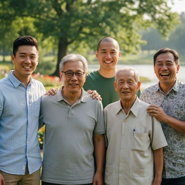 Five men of different ages smiling together outdoors in a park.