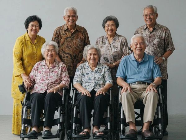 A group of elderly people, some in wheelchairs, smiling and posing together indoors.