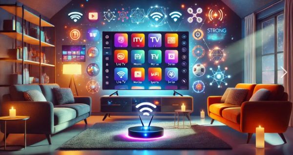 Futuristic living room with smart TV and wireless tech icons.