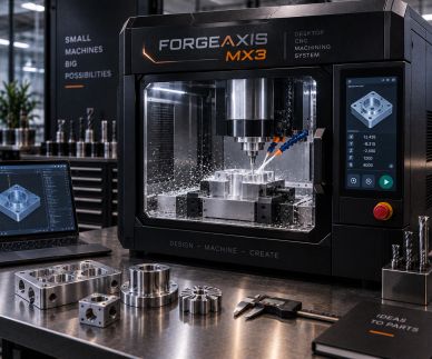 Desktop CNC machine working on metal parts.