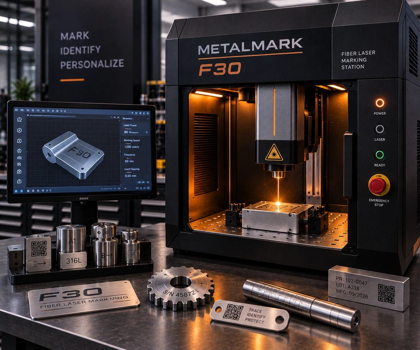 Fiber laser marking machine engraving a metal part.