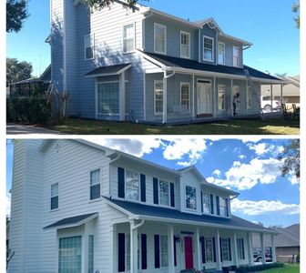 Before and after exterior painting CBP Florida - blue to white two-story home serving Baldwin Park