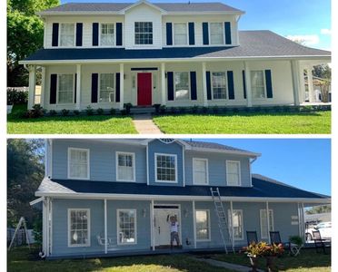 CBP Florida painter working on a door trim during blue-to-white home transformation serving SoDo