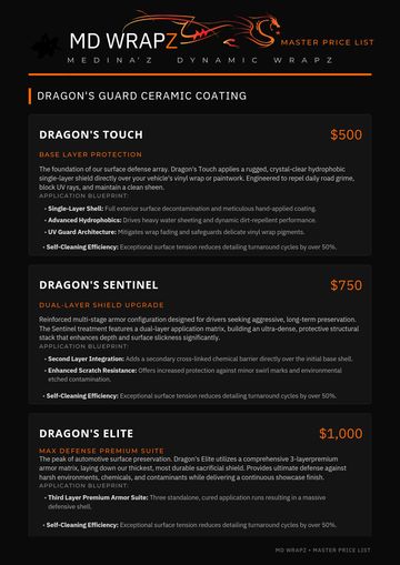 Master price list for MD Wrapz ceramic coatings with three service tiers and detailed benefits.