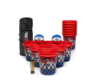 Outdoor game set with red buckets, balls, pump, and carrying bag.